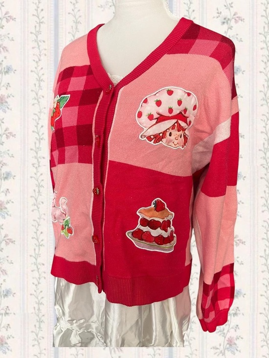 Hot Topic Sweaters - Hot Topic Pink Patchwork Strawberry Shortcake Cardigan
